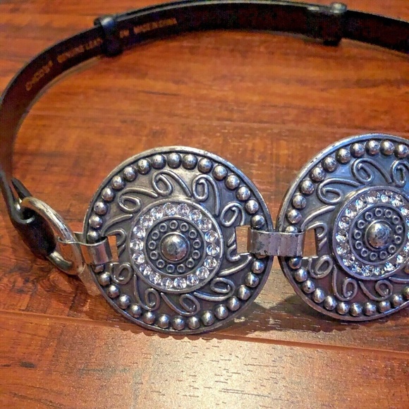 VINTAGE Stone Disc Filigree Black Leather Belt - Picture 6 of 11